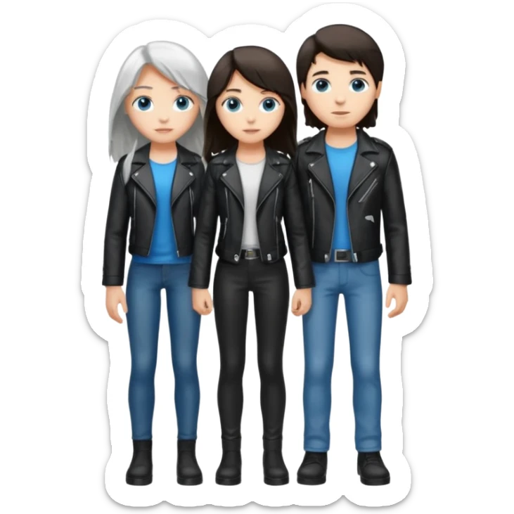 full-length couple, girl with long silver hair and blue eyes in black leather jacket, boy with dark brown hair in white shirt sticker
