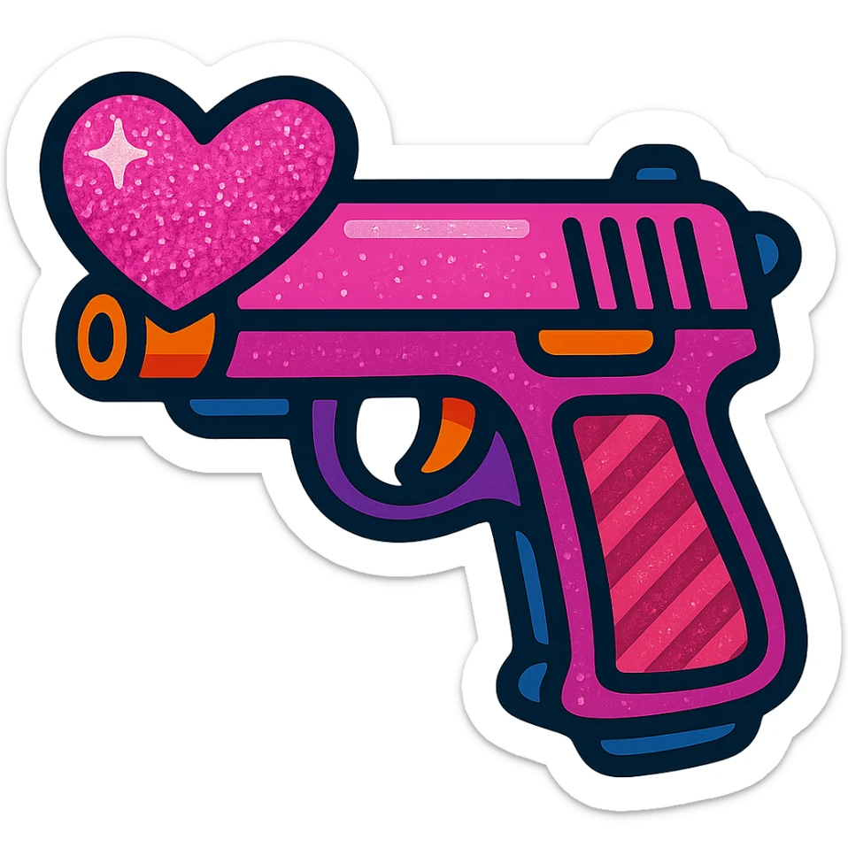 Add sparkling glitter details to the vibrant toon pink heart pistol, keeping the bold outlines and playful look, with no background. sticker