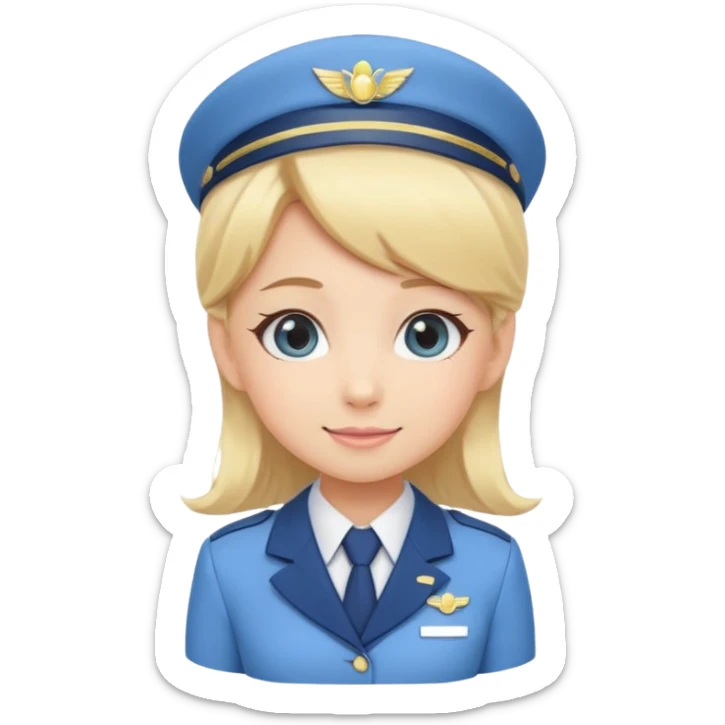 Cute emoji-style Japanese flight attendant, blonde hair long, pastel blue airline uniform, kawaii cartoon style, big eyes, simple clean lineart, pastel colors, chibi proportions, friendly smile, sticker/emoji, transparent background sticker