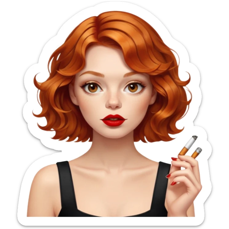 Alluring ginger French girl french shiny brown wavy textured bob haircut tousled hair red lips smoking cigarette sticker