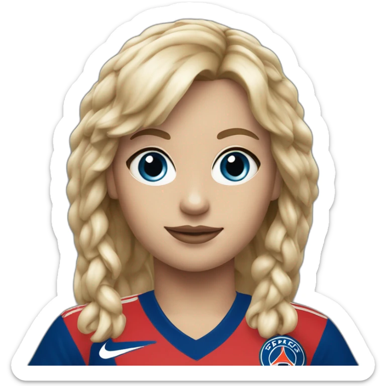 Blonde girl fringe, blue eyes, a 1980 PSG jersey and a baguette sticker