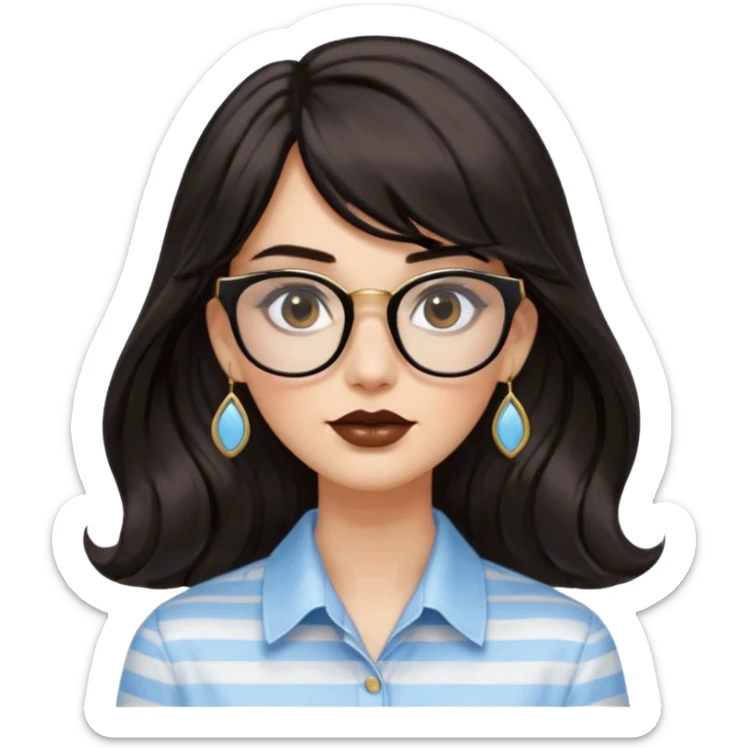 An emoji featuring a woman with long wavy dark brown hair and a whispy bang, wearing thick black square glasses, gold drop earrings. She has long lashes and a nude browny glossy lipstick. She's wearing an oversize light blue shirt with white vertical strips. sticker