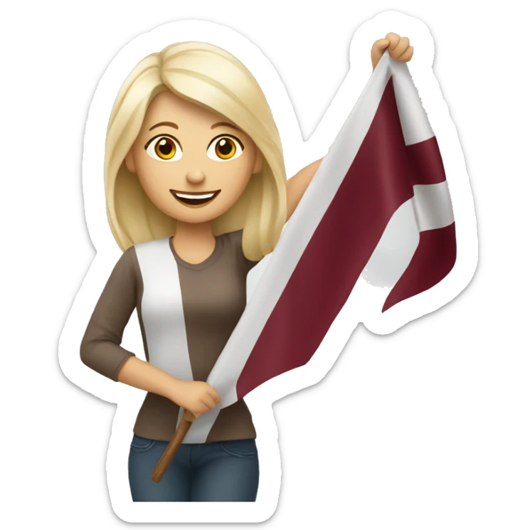 Happy blonde woman with a flag of Latvia in hands sticker