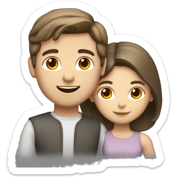 Lovely brunette couple with grey cat. Girl’s skin is light, hair brown. Boy is light skin with collected to tail brown hair sticker