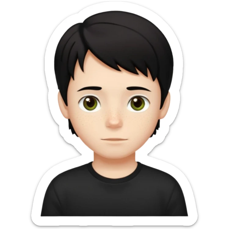 A boy with dark black hair and hazel green and brown eyes and white skin , with freckles and black t shirt with middle part hair hair with a center part haircut  sticker