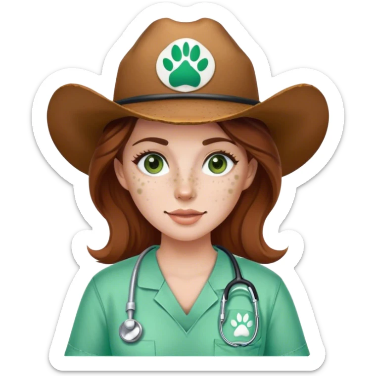 Pale Woman with brown hair and green eyes and freckles on her cheek bones wearing scrubs that have a paw print logo on the scrubs  and a cow girl hat sticker