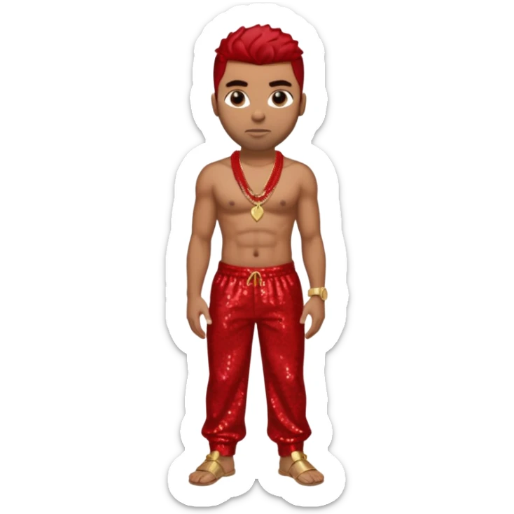 Ginuwine with red sequin baggy pants, shirtless with necklace, dark brown hair sticker