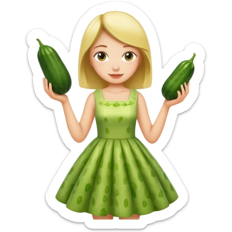 A girl wearing a pickled ketto dress and downloading a cucumber sticker