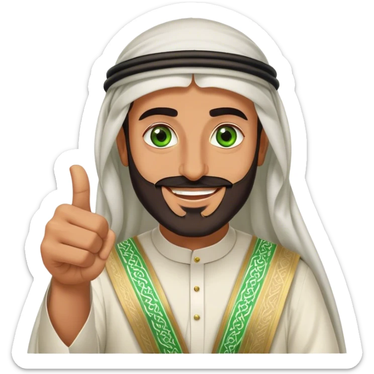 "Tanned Arab Saudi man with green eyes and a beard, wearing an agal and traditional attire, smiling happily and giving a big thumbs-u sticker