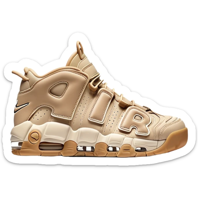 Clean iOS-style emoji of a pair of beige Nike Air More Uptempo sneakers, with left and right shoes arranged with one slightly behind the other, simple minimal design with subtle shadows sticker