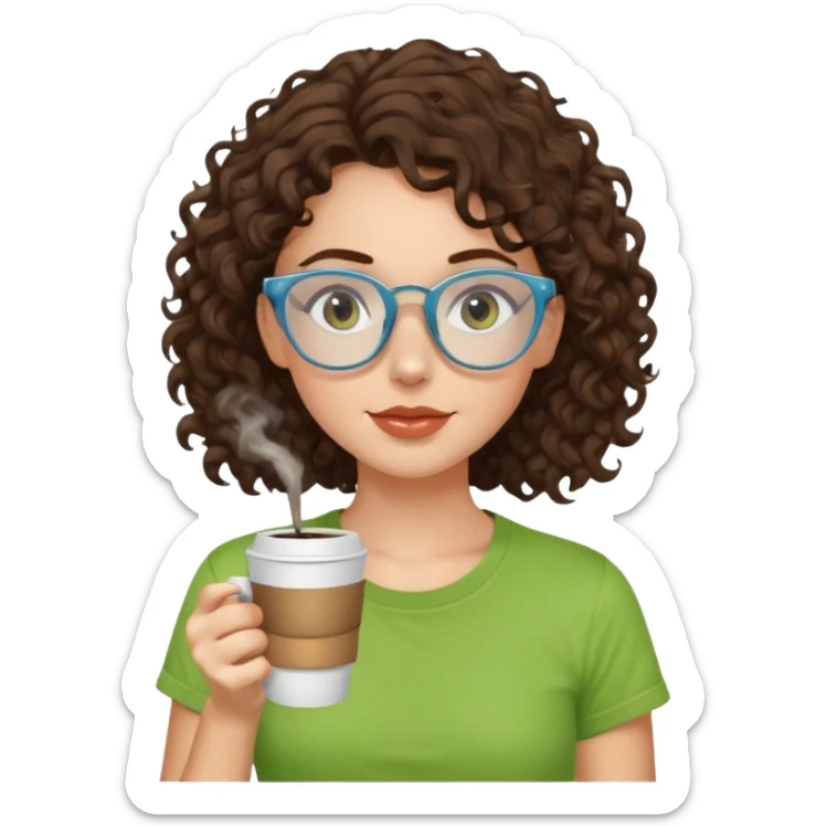 White girl with dark brown curly hair, brown eyes, sky blue glasses, apple green t shirt, drinking coffee sticker