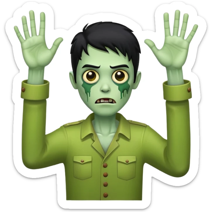 green zombie with one hand raised in the air and black hair sticker