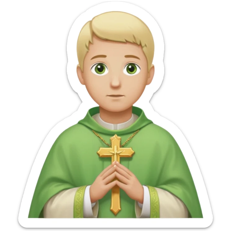 a priest, green eyes, blonde hair, light green chasuble. opening arms, gazing thoughtfully. Soft light, subtle fern. Waist-up, profile. sticker