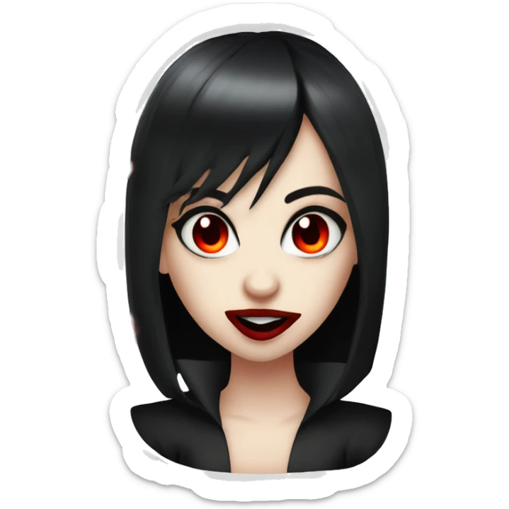 a vampire teen girl, black hair, red eyes, red lips and fangs, biting sticker
