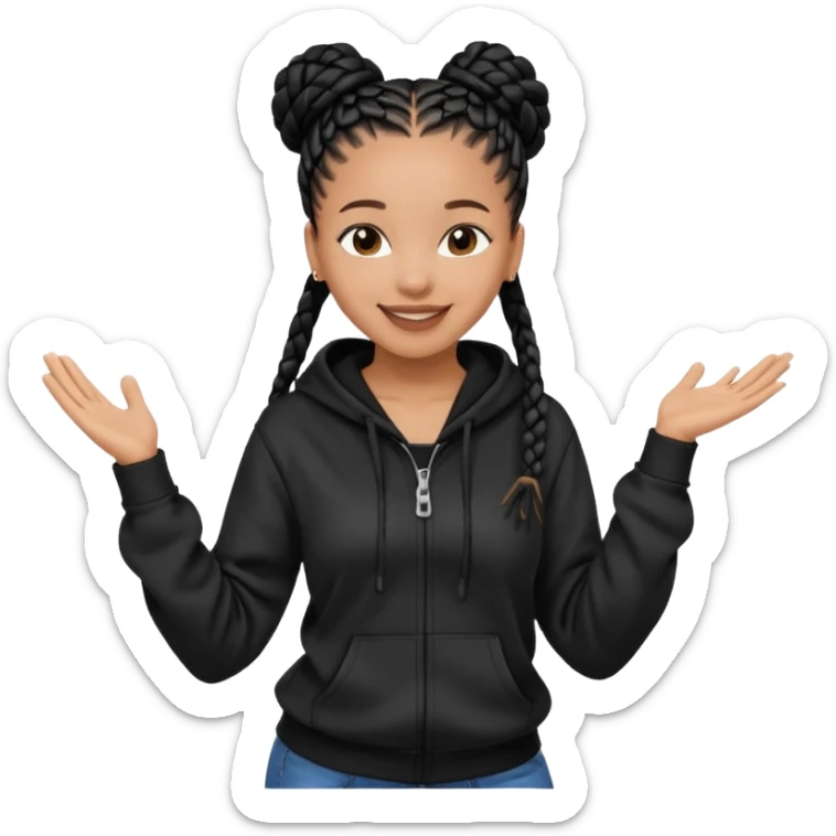 African American girl light skin complextion long black box braids wrapped in a single bun wearing plain black hoodie dancing sticker