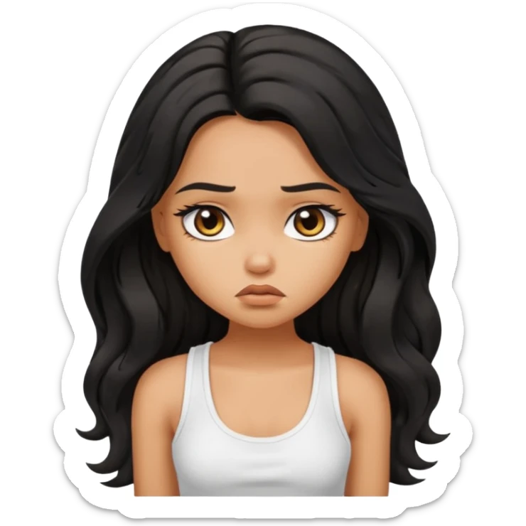 a pretty tan bratz girl with long wavy black hair, wearing a white tank topi. looking sad sticker