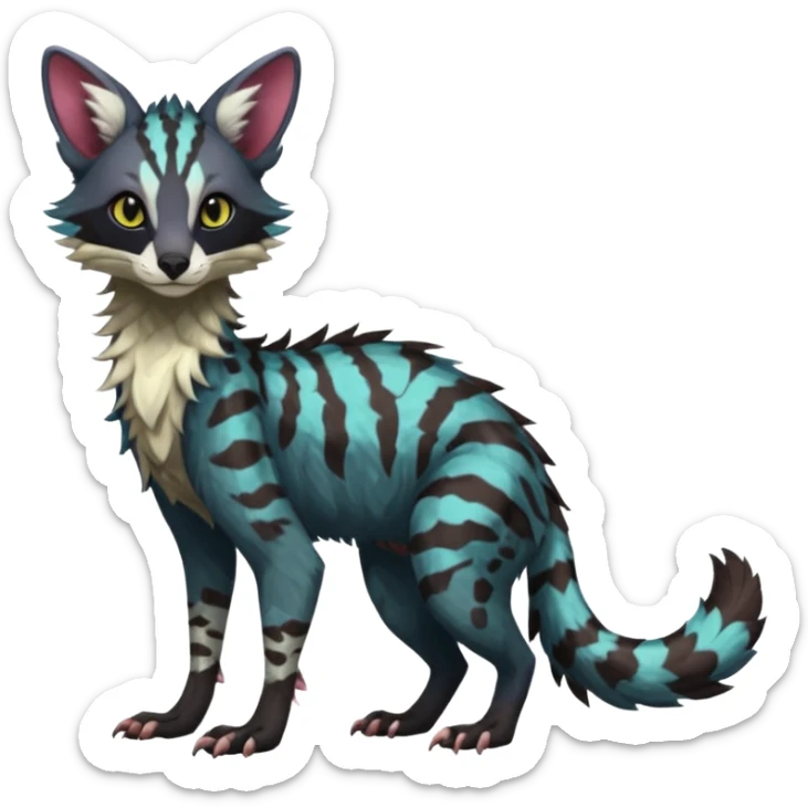 Feral Rare Fantasy dark tropical Vernid-Sergal-Genet-Trico-species by LiLaiRa, random markings, tufted tail, tufted ears, full body sticker