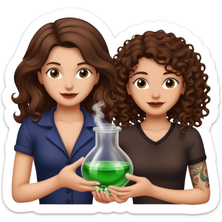 hiding potion — long wavy brown hair tattooed woman and short tight curly brown hair woman — guilty smile sticker