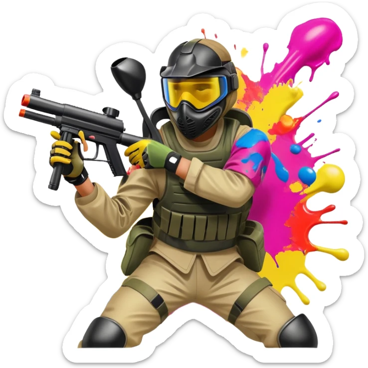A dynamic scene of a player in action, holding a paintball gun and wearing protective gear. The background shows a vibrant paintball field with obstacles, colorful splatters of paint in the air, and an intense, competitive atmosphere. sticker