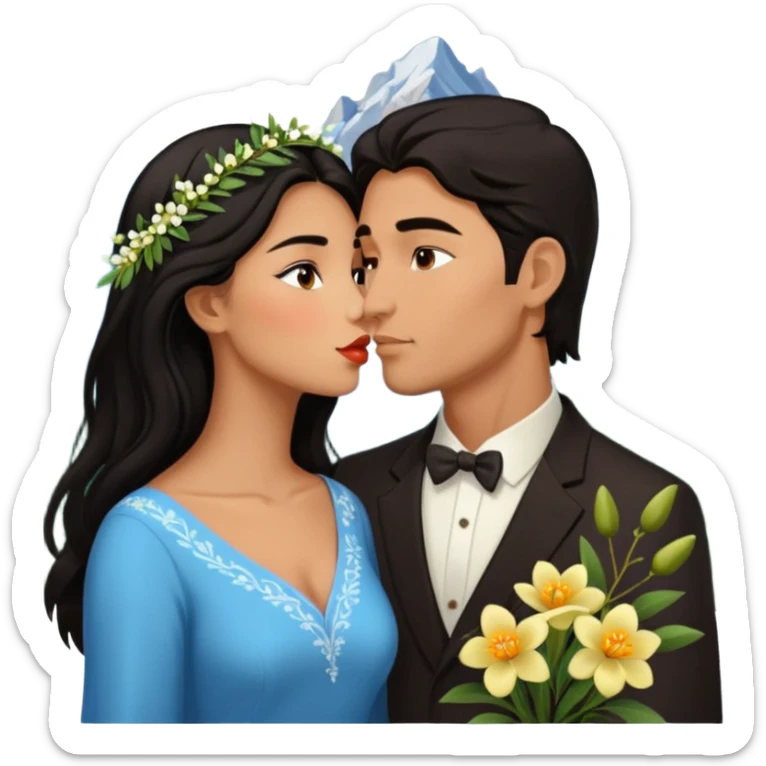 Kissing Couple traveling in Montenegro russian man and elegant  Latina girl delicate flowers and mountains in the background  sticker