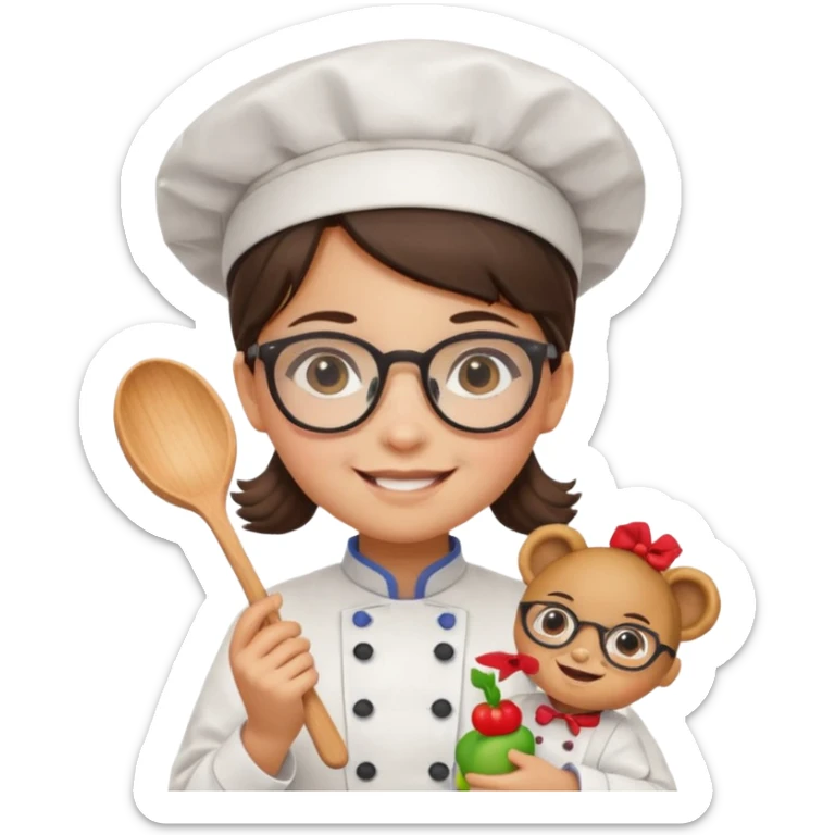 girl kid italian chef, uniform, wearing glasses, holding toy sticker