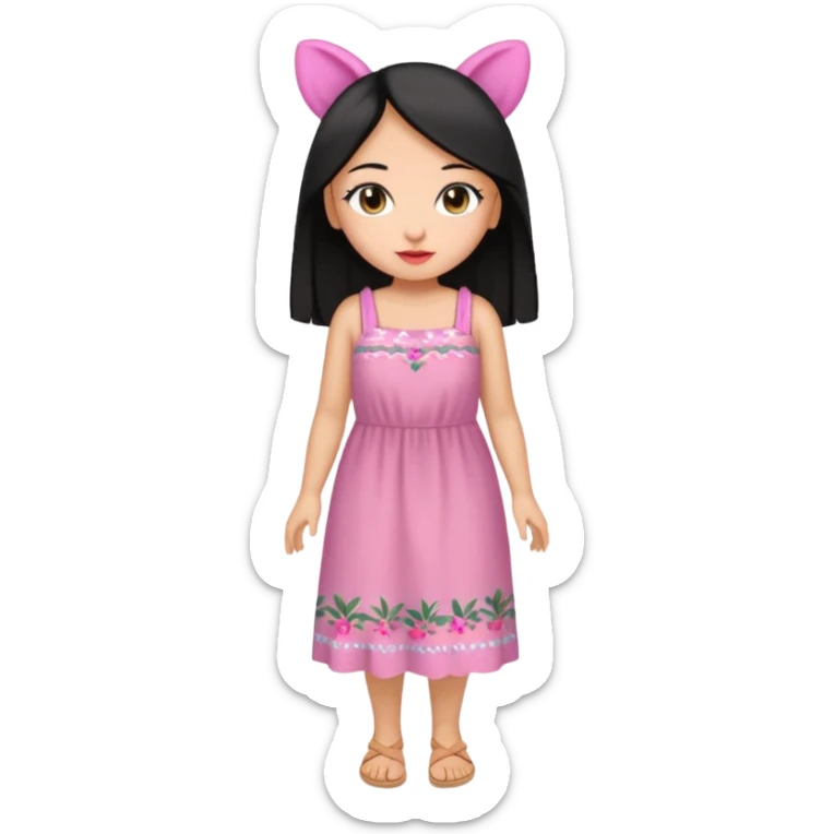 Gordita, ojos pequeños de color cafe oscuro, labios pequeños y rosados, piel trigueña, orejas pequeñas, cabello largo lazio y negro, pequeña. cuerpo completo. sticker