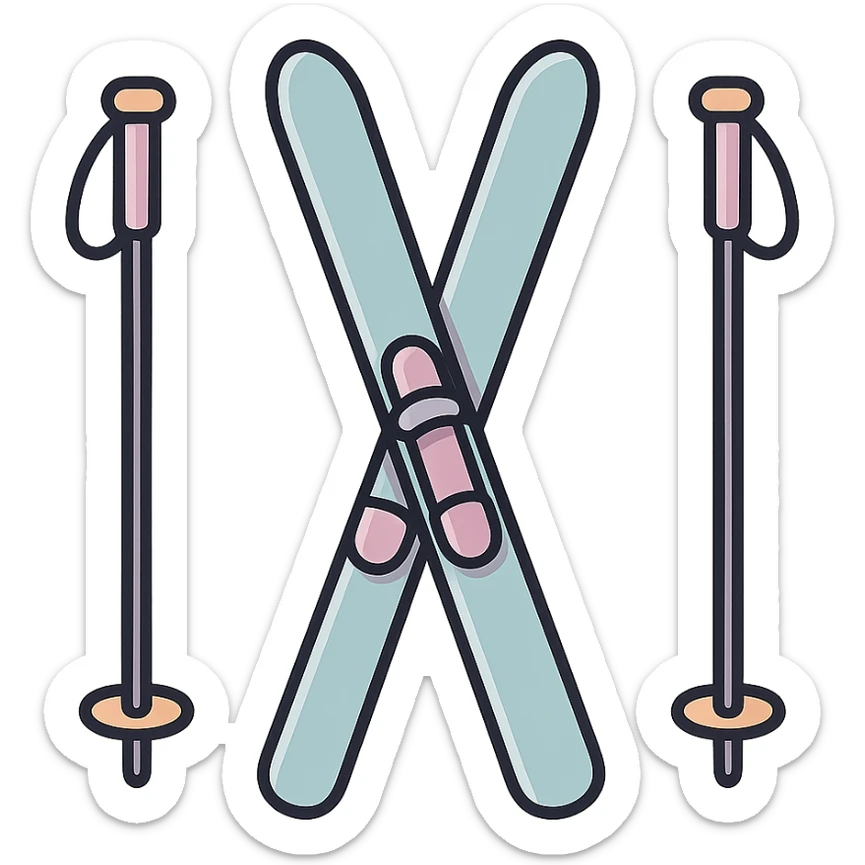 cross-country skis standing, slightly inclined in opposite directions, poles on the sides angled outward, detailed shading, thin clean outlines, soft rounded features, pastel palette #98B5BC #B5B3C1 #C9A3C9 #E4C0CA #F7DCD1 #F7C0AA, Japanese pop art, sticker look, highly detailed, vector clarity, soft lighting, subtle shadows, transparent background sticker