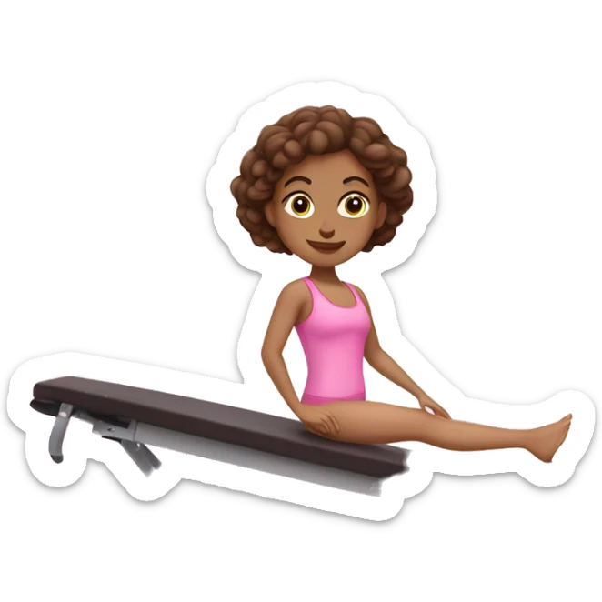 Caucasian girl with brown hair and brown eyes doing Pilates in a pink workout set on a Pilates machine  sticker