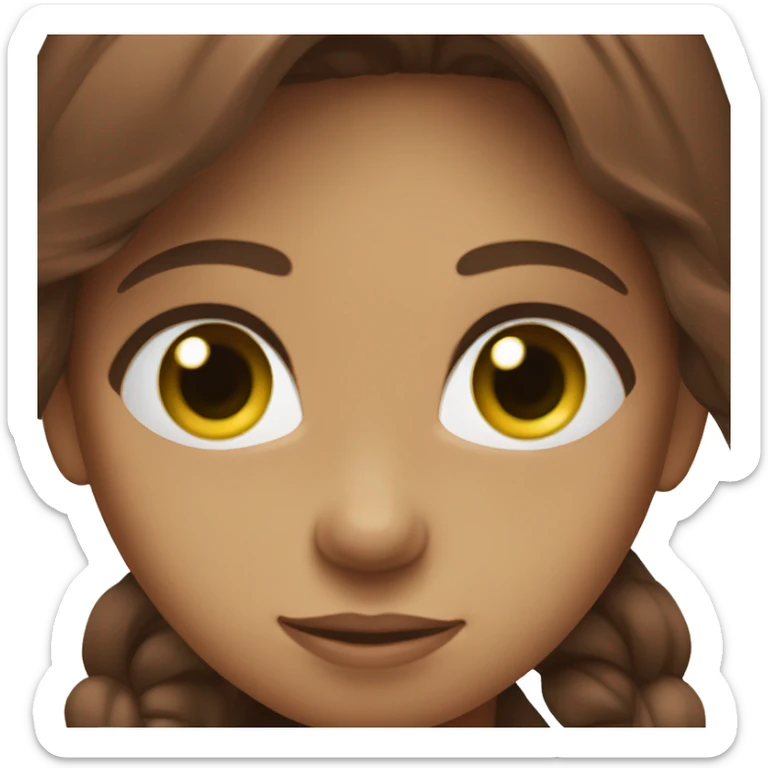 the girl has dark red hair and straight hair she has green eyes she is wearing brown tshirt sticker