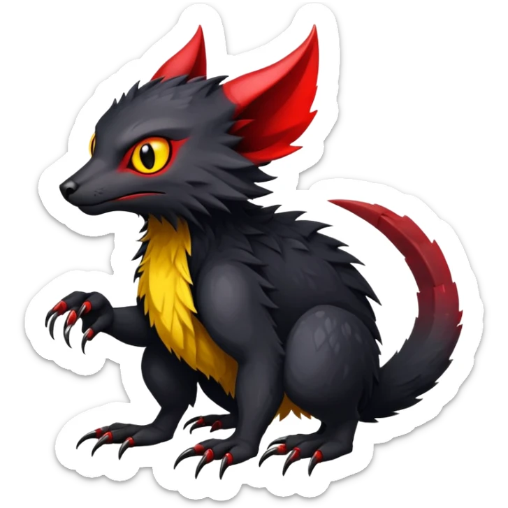 a black exotic edgy vernid-fionbr-Fakémon-creature, with red belly and yellow eyes, full body sticker