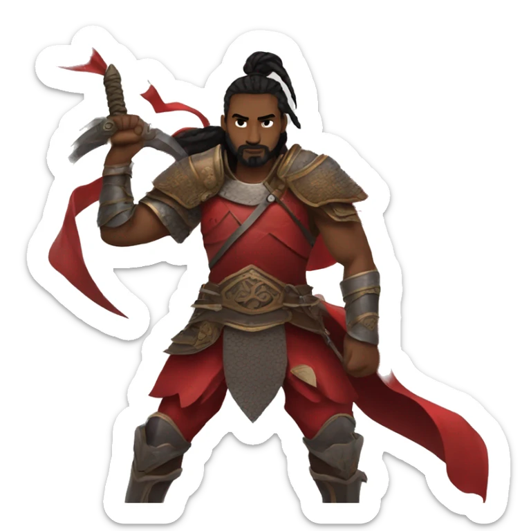 Fierce warlord in red armor and a reaper sword, hair in man bun sticker