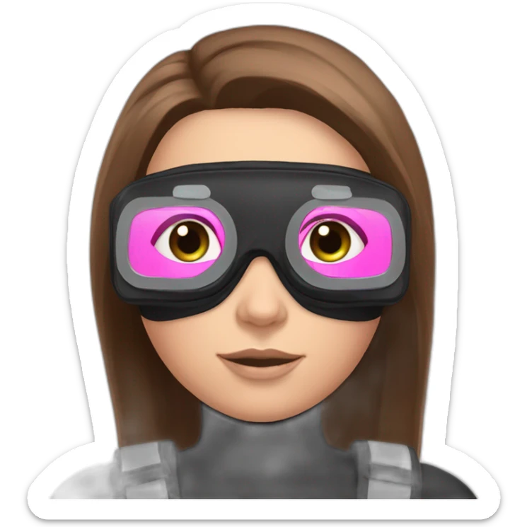 woman with blues eyes, large and straight brown hair, pink diving mask with a single crystal. underwater black and pink suit sticker