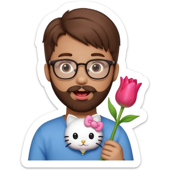 Brown hair guy and a heart shaped eyes with his tongue out with a beard and glasses with a hello kitty and a tulip in his hand   sticker