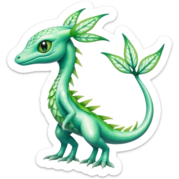 Sparkly White And Green Natural Flowery Colorful Grovyle-Salandit-Celebi--Fakémon-hybrid-creature (full body)  sticker