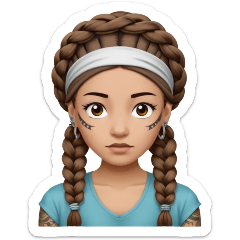 big lose braids starting from the top of the head woman face wiith big visible braids and mono color headband on head strict face and braids as big as headband and lots and lots of face tattoos sticker