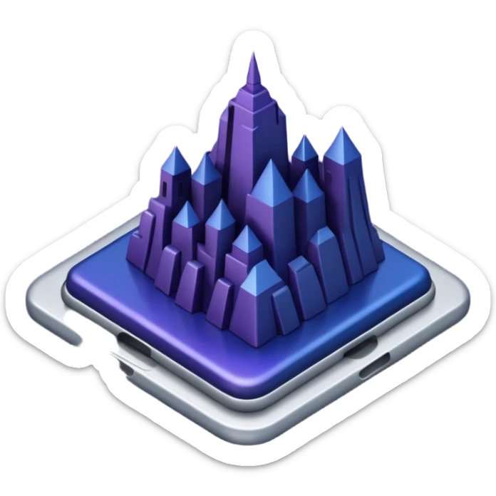 Landmark above the map. Colors: dark purple, dark blue, black, silver. Style: metallic, realistic sticker