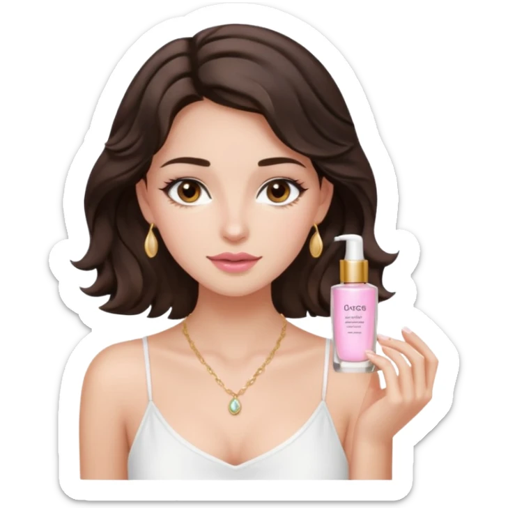 generate a pretty fair bratz girl with dark brown eyes. Dark brown hair wavy hair. light pink lipgloss. white cami top. doing skincare. Dainty gold necklace sticker