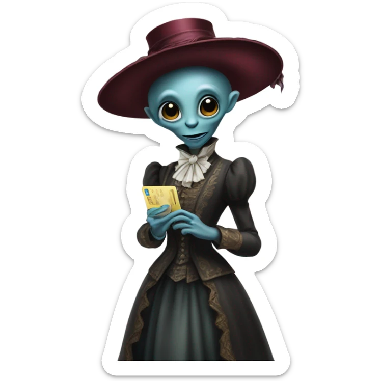 alien galora in Victorian dress elegant, full body, holding big credit card sticker