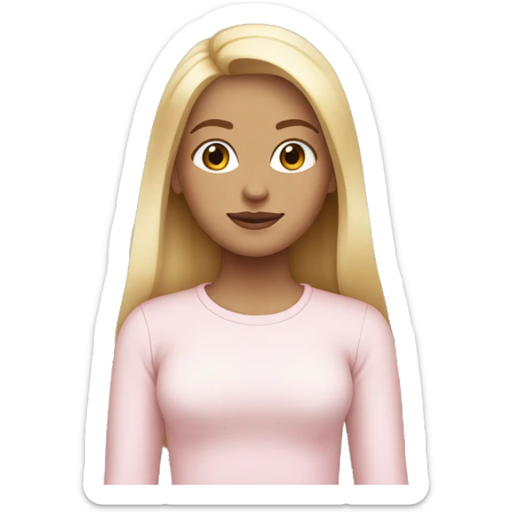 blonde straight hair girl , white race, wearing a tight light pink  long sleeve shirt, middle part for hair sticker