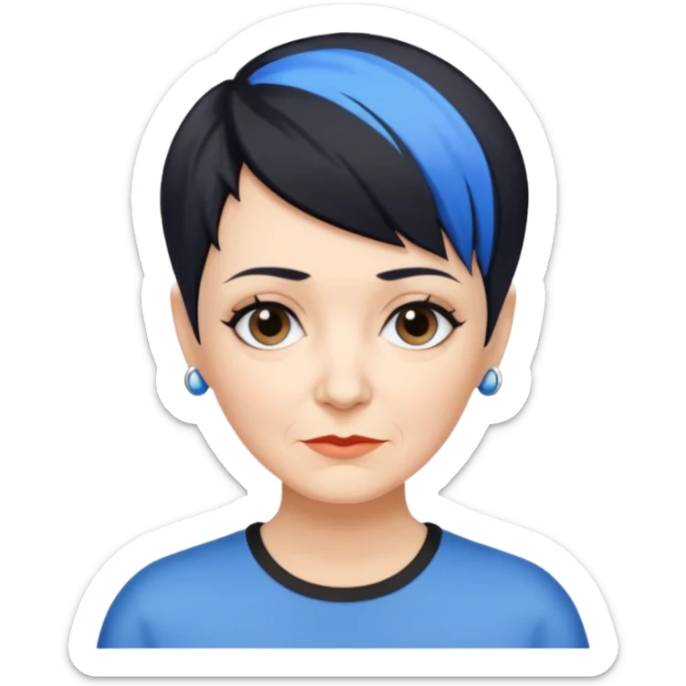 reife frau, kein kind freche extreme schwarze Kurzhaarfrisur eine Seite wirklich fast keine Haare andere Seite mit blauer Strähne kurze Seite noch viel kürzer sticker