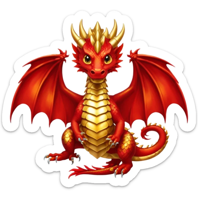 Golden Dragon with golden wings golden crest/brosch in a golden circle with red gems sticker