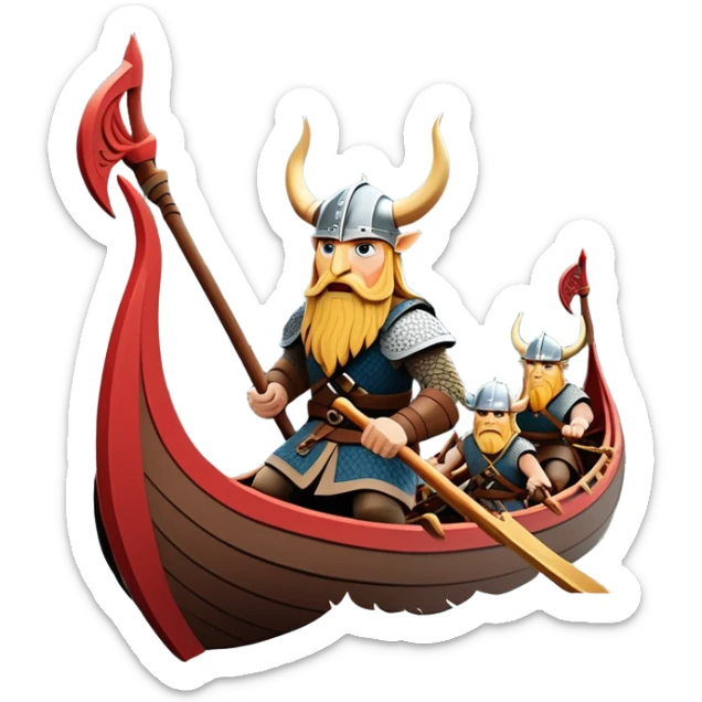 clash-of-clans-aesthetic_-cinematic-viking-longboat, rendered in a flat, bold vector style with minimal shading, featuring a striking dragon-headed prow slicing through waters. shields on the side and vikings rowing The longboat’s, the boat has carved motifs evoke a sense of epic adventure and Nordic might, with billowing sails catching a dramatic, stormy sky backdrop. sticker