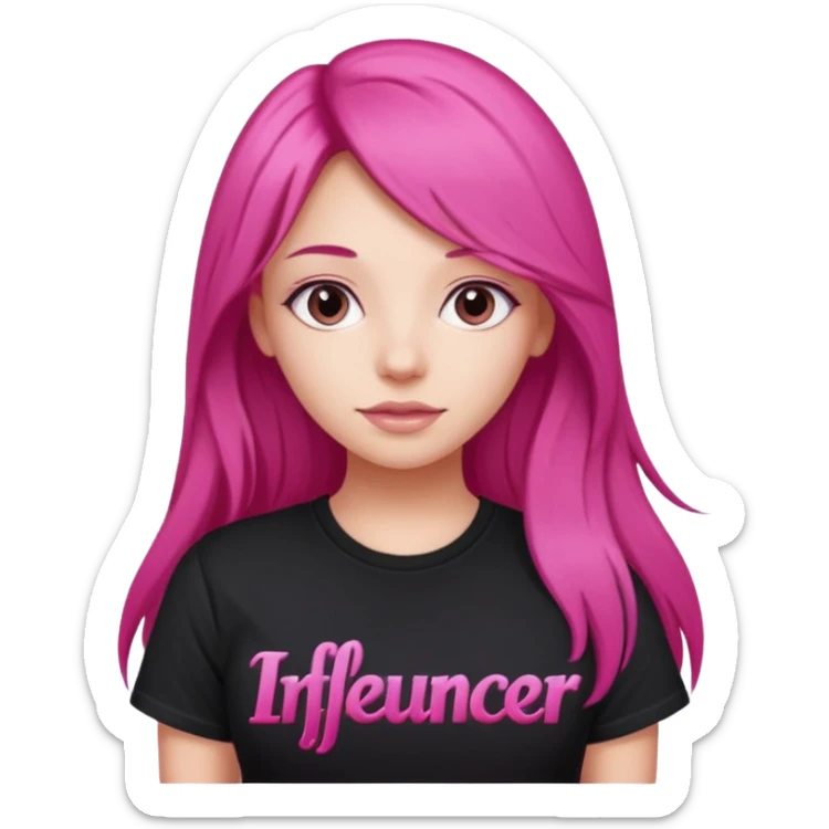 Girl with dark pink long hair wearing a black tshirt "influencer " in pink lettering font sticker