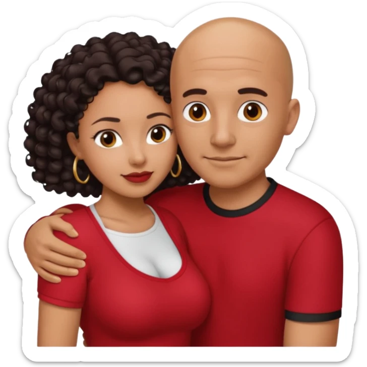 A picture of a tanned couple embracing. the guy is Mexican, with a bald hair cut and he is wearing a red shirt. the girl is mixed, the girl is wearing a black shirt, the girl has curly longer dark brown hair and with big boobs  sticker
