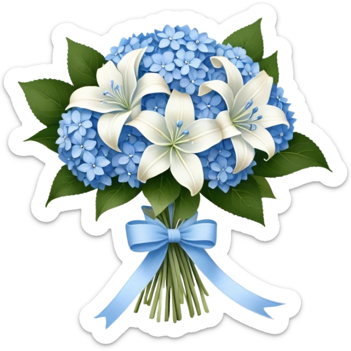 A wooden table adorned with a small bouquet of baby blue hydrangeas and creamy white lilies, wrapped in a softly frayed linen ribbon. A single blue butterfly, dusted with a hint of silver, rests lightly on the bouquet, as if drawn to its delicate fragrance. sticker