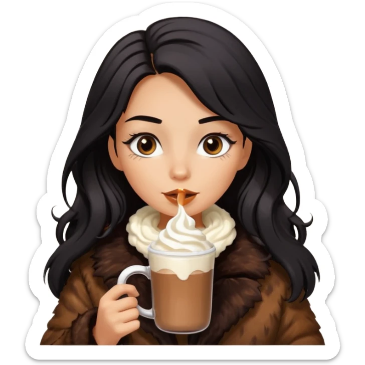 Tanned Girl with lashes , bright black long hair, in an extremely big fluffy brown fur mustang, and drinking hot chocolate drink sticker