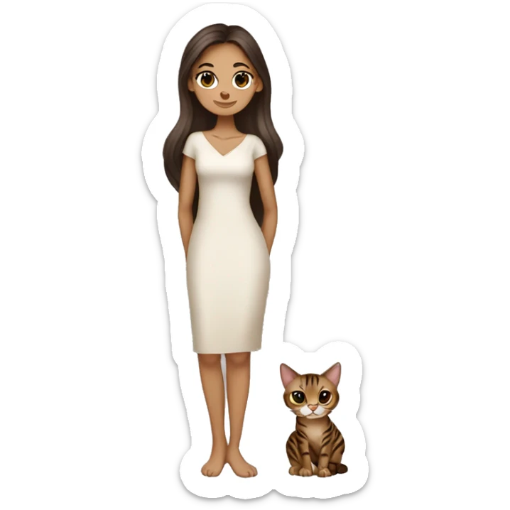 Beautiful skinny woman long dark brown hair in dress hug bengal cat sticker