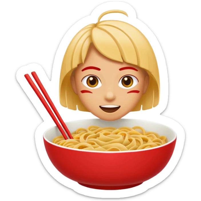 Chinese cuisine humanless avatar in bright emoji-style illustration. Noodles bowl, red and gold colors, simple shapes, flat design, bold and energetic. sticker