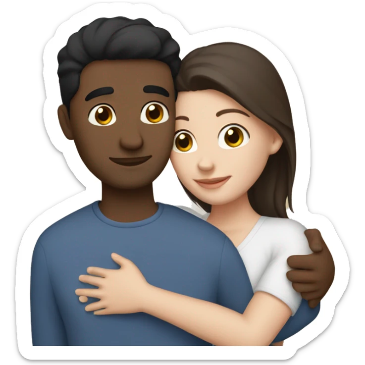 Friends hugging each other. Indian man, short black hair. White woman, blue eyes and brown hair sticker