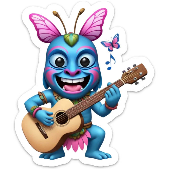 Pixar style little Cartoon Blue and pink tiki singing with a butterfly and playing a guitar, ultra detailed and lifelike imagery sticker